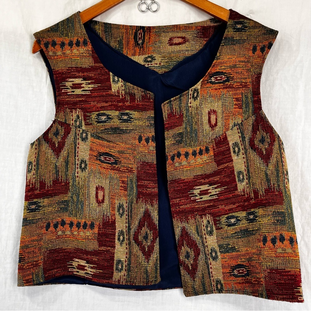 Vintage Homemade Womens Vest M Western Textured Colorful Open Front Lined Vest